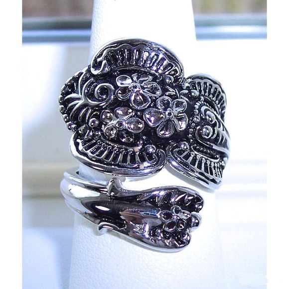 925 STERLING SILVER Flowers Spoon Ring - Picture 1 of 16